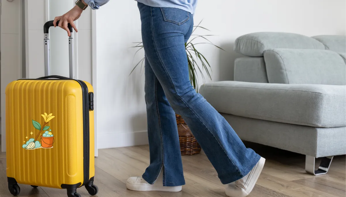 A woman rolling her suitcase out of a vacation rental, representing smooth and organized guest departures for a seamless checkout process.