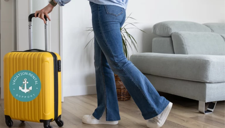 A woman rolling her suitcase out of a vacation rental, representing smooth and organized guest departures for a seamless checkout process.