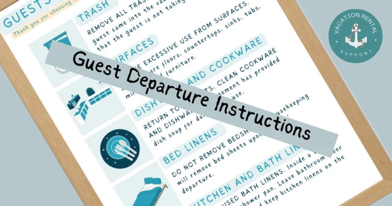 A laminated guest departure instructions sheet with clear checkout instructions for a vacation rental.