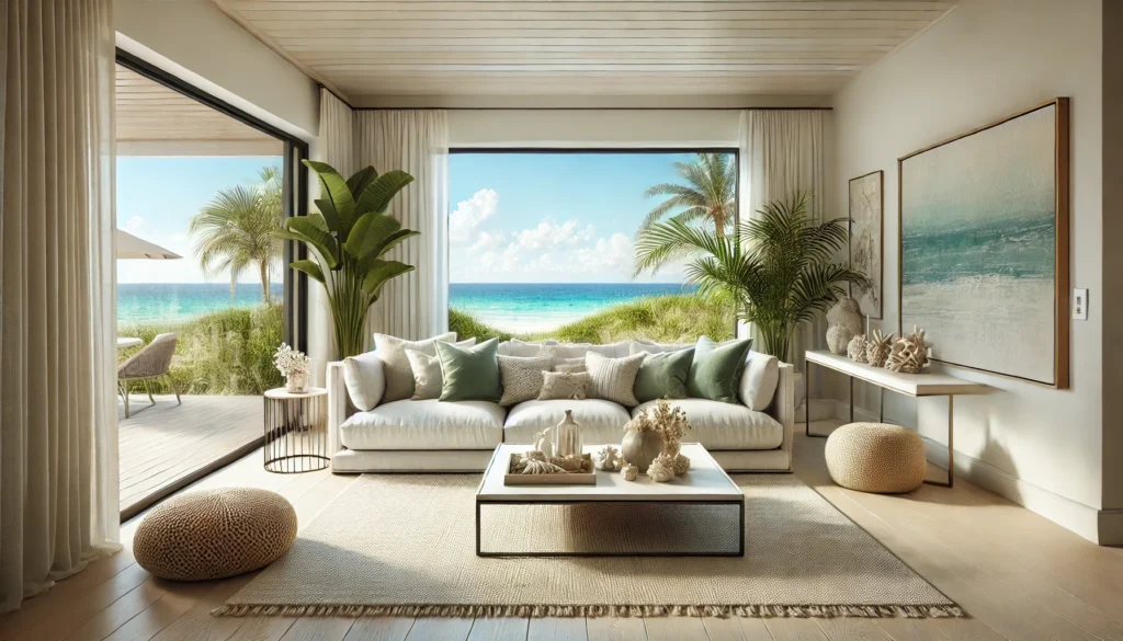 Immaculately cleaned and staged living room by Destin Housekeeping Services, with sanitized surfaces and arranged decor.