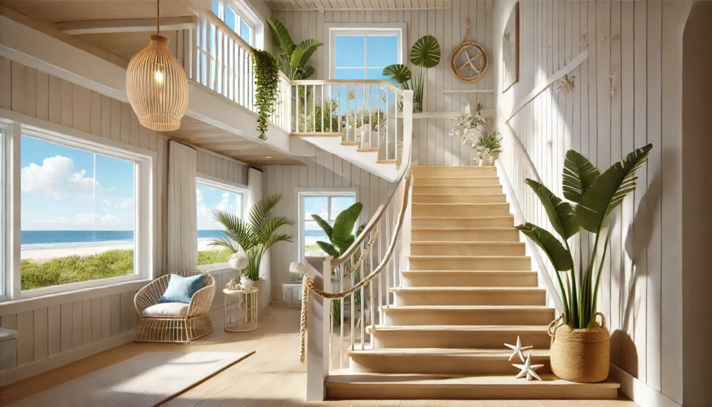 Impeccably cleaned stair casing with polished handrails by Destin Housekeeping Services, showcasing exceptional attention to detail.
