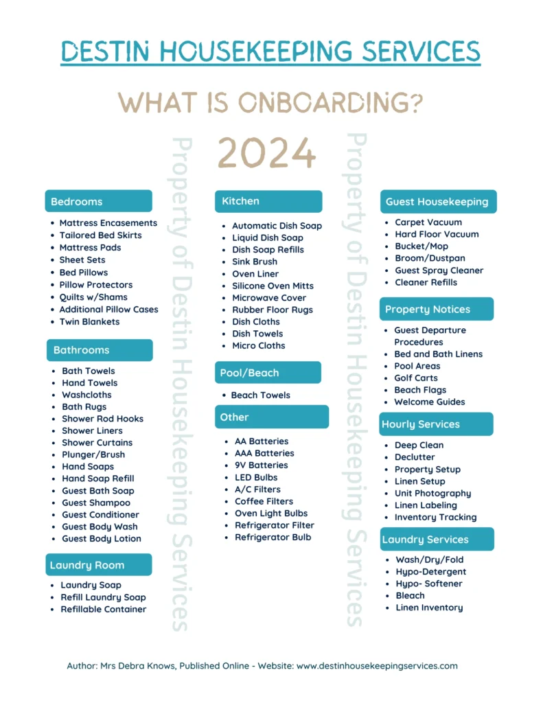 Checklist onboarding vacation properties, services by Destin Housekeeping Services