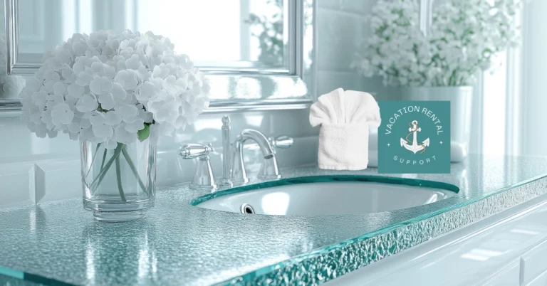 Bathroom sink area featuring a towel bar with a neatly folded bath towel, and a countertop with a hand towel and fan-folded washcloth placed beside the sink, demonstrating a consistent vacation rental linen setup.