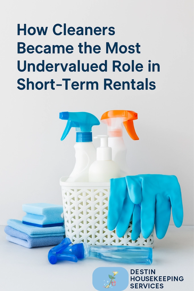 A set of professional short-term rental cleaning supplies on a countertop, representing the often-undervalued work STR cleaners do to keep vacation rentals guest-ready.

