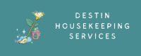 Destin Housekeeping Services logo with flower broom and bubbles on teal background