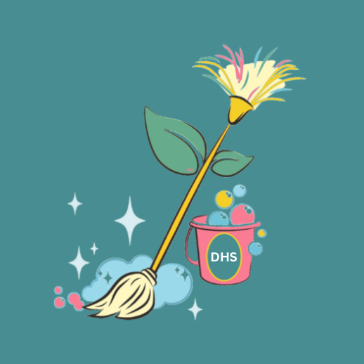 Destin Housekeeping Services flower mop and bucket logo on teal background