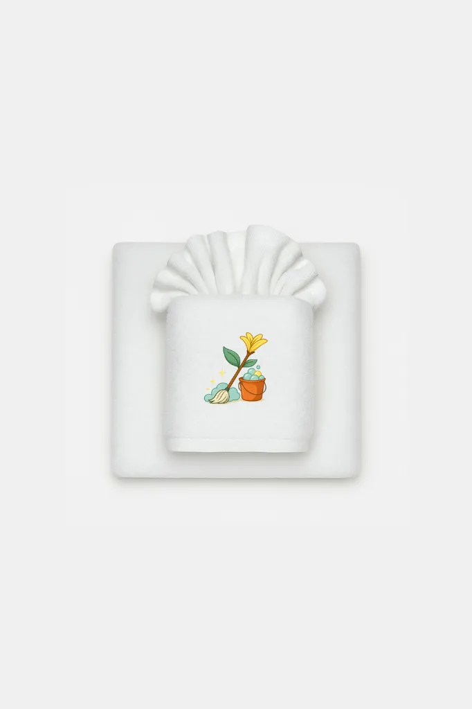 Signature folded towel with Destin Housekeeping Services logo.