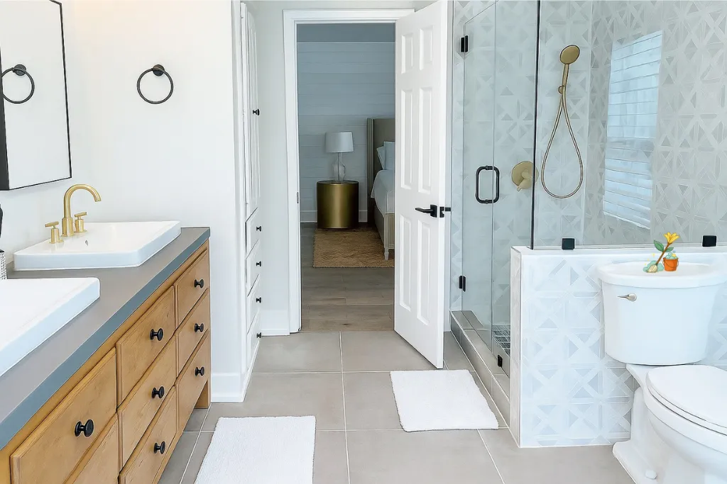 Clean bathroom with dual sinks, modern shower, and freshly placed bath linens, staged for vacation rental turnover.