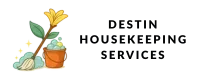 Destin Housekeeping Services logo with mop, flower, and bucket icon beside the business name in bold black text.