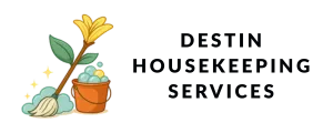 Destin Housekeeping Services logo with mop, flower, and bucket icon beside the business name in bold black text.