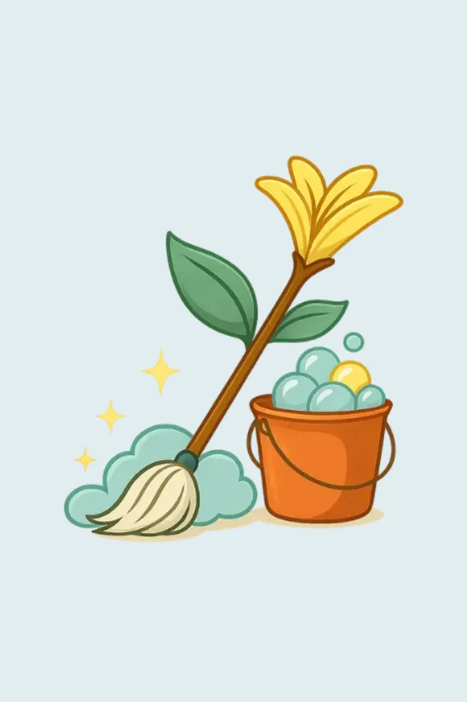Illustrated mop and bucket logo for Destin Housekeeping Services.