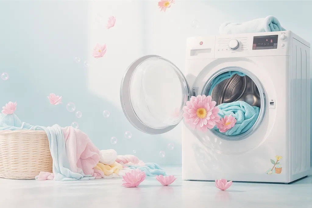 Colorful towels in and around a front-load washer with floating flowers and bubbles.