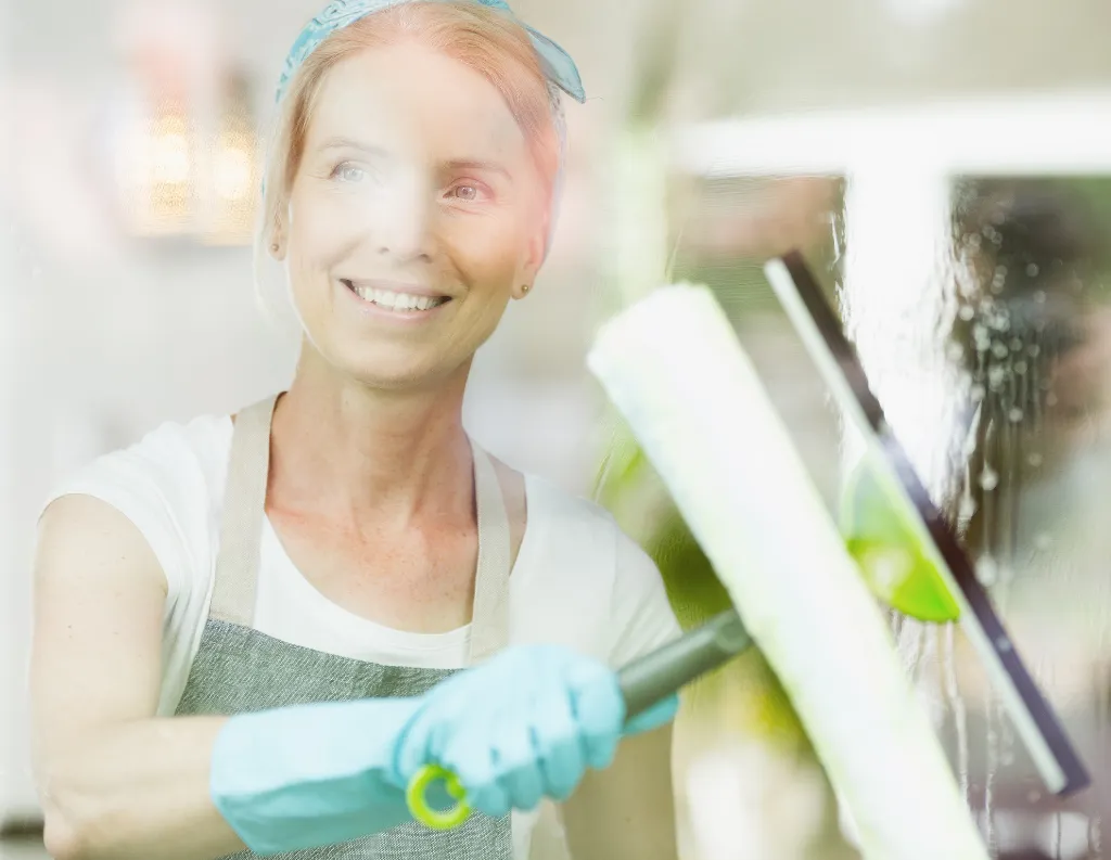 Smiling vacation rental cleaner washing interior windows with squeegee.