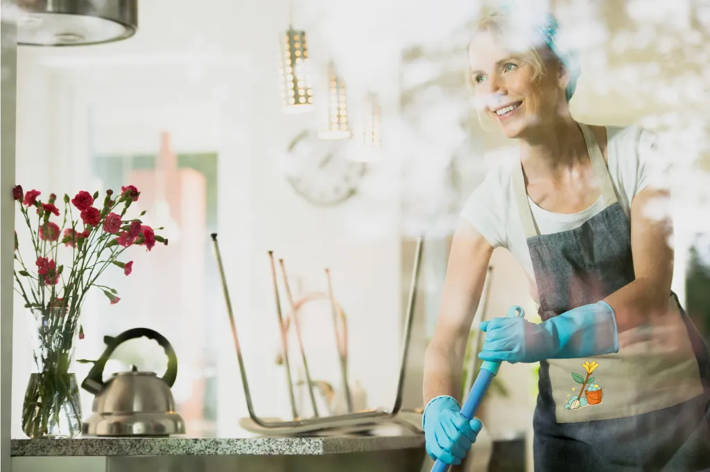 Smiling woman cleaning a vacation rental kitchen with gloves and mop.