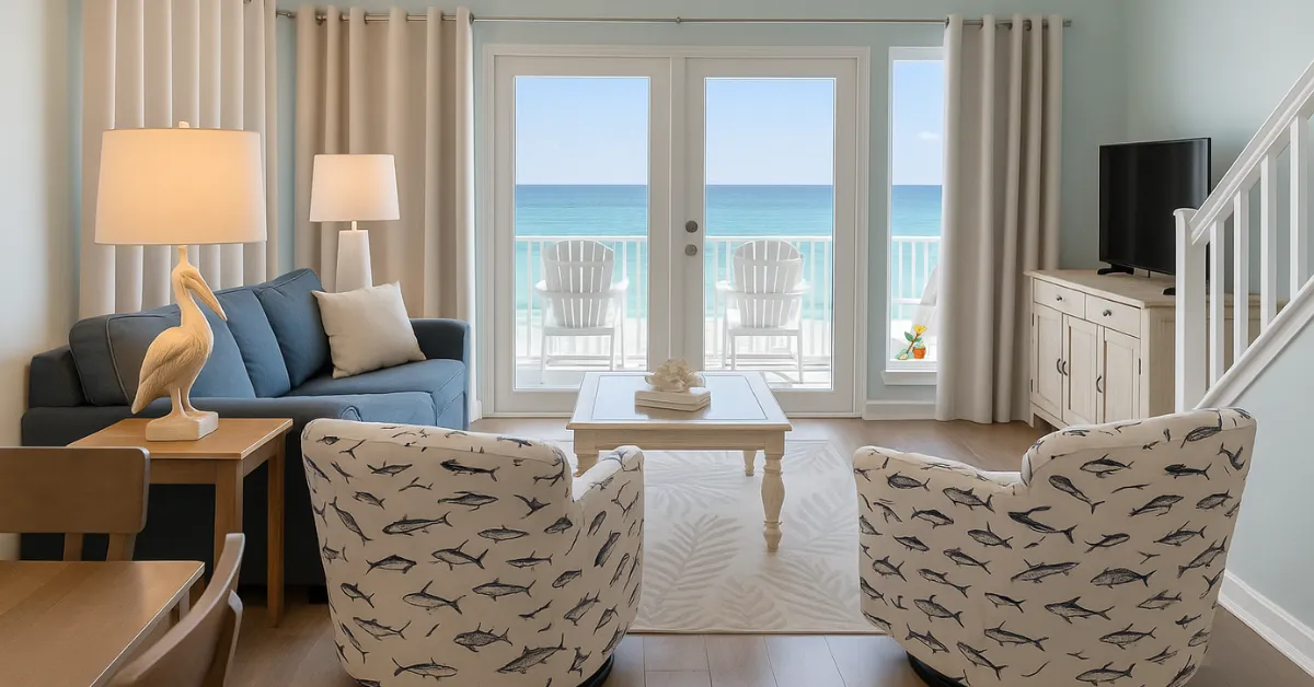 Beachfront vacation rental living room with white chairs on balcony and ocean view through double glass doors