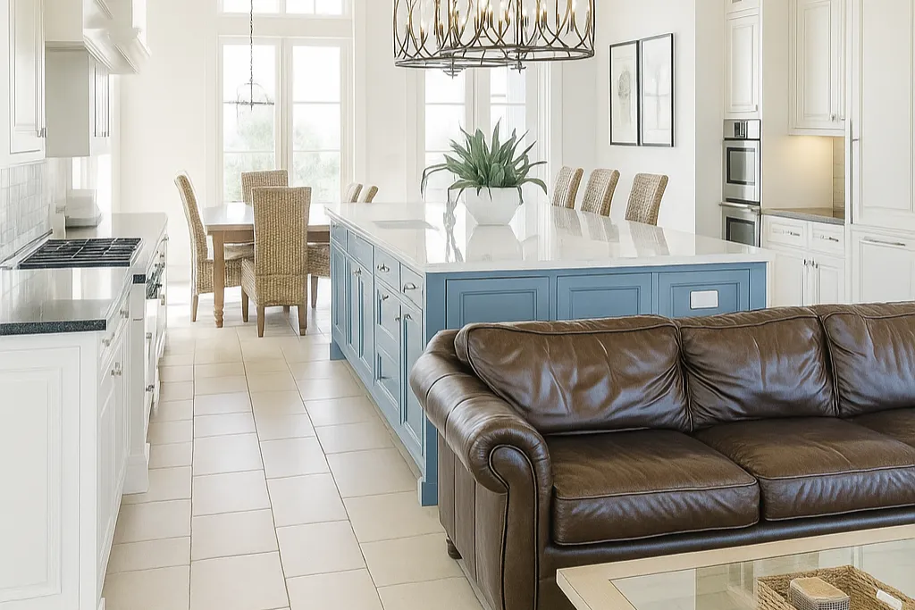 Luxury vacation rental kitchen with clean counters, modern appliances, and staged dish-ware for guest-ready turnover.