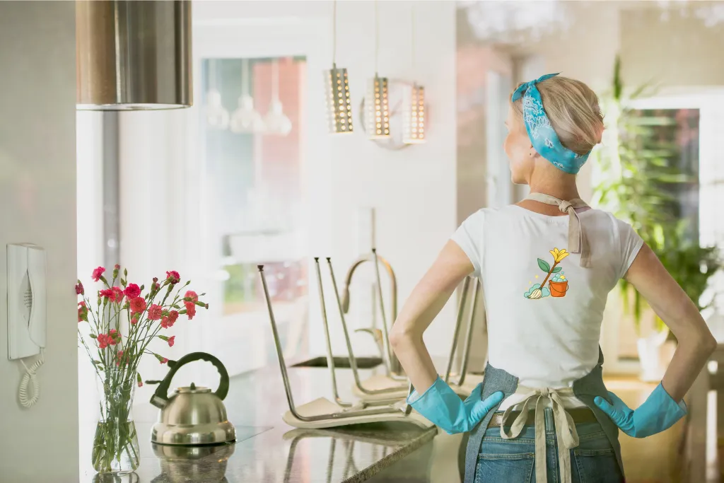 Professional housekeeper standing confidently in a staged vacation rental kitchen during onboarding.